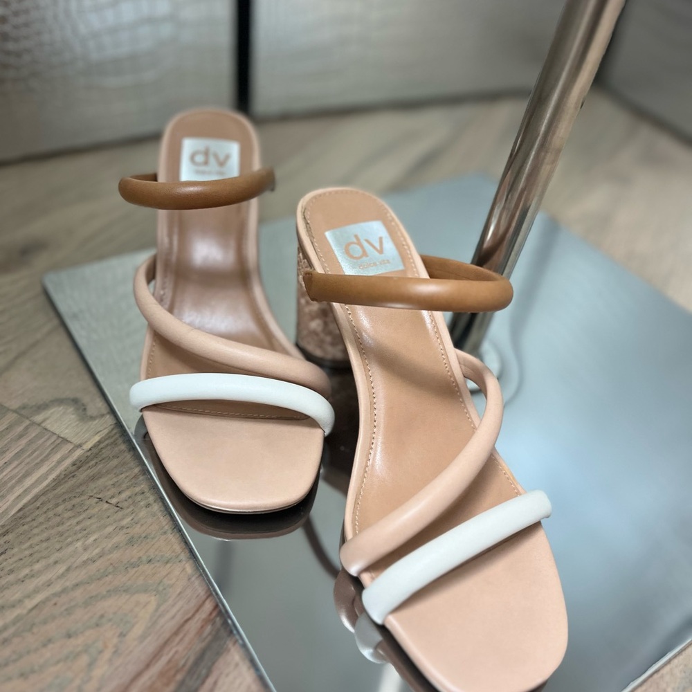 DV by Dolce Vita Tan and White Heels with Strappy Design